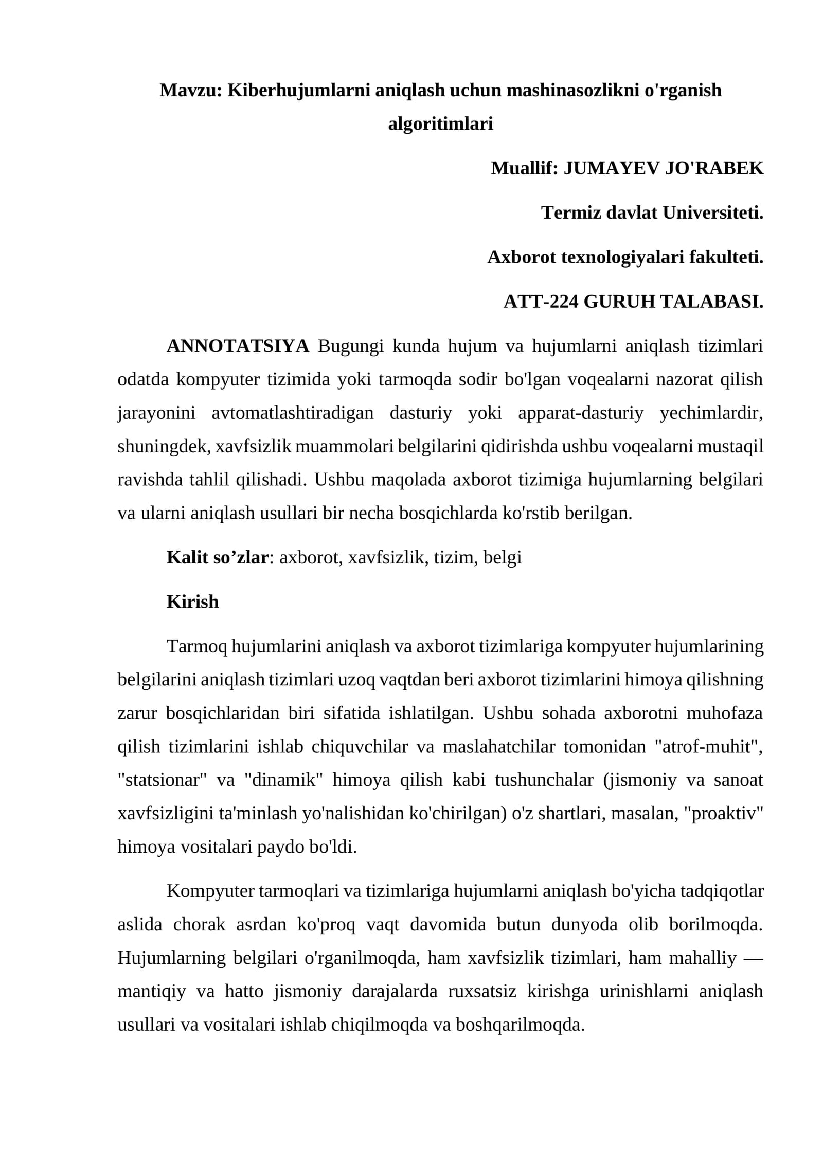 Kiberhujumlarni aniqlash uchun mashinasozlikni o'rganish algoritimlari