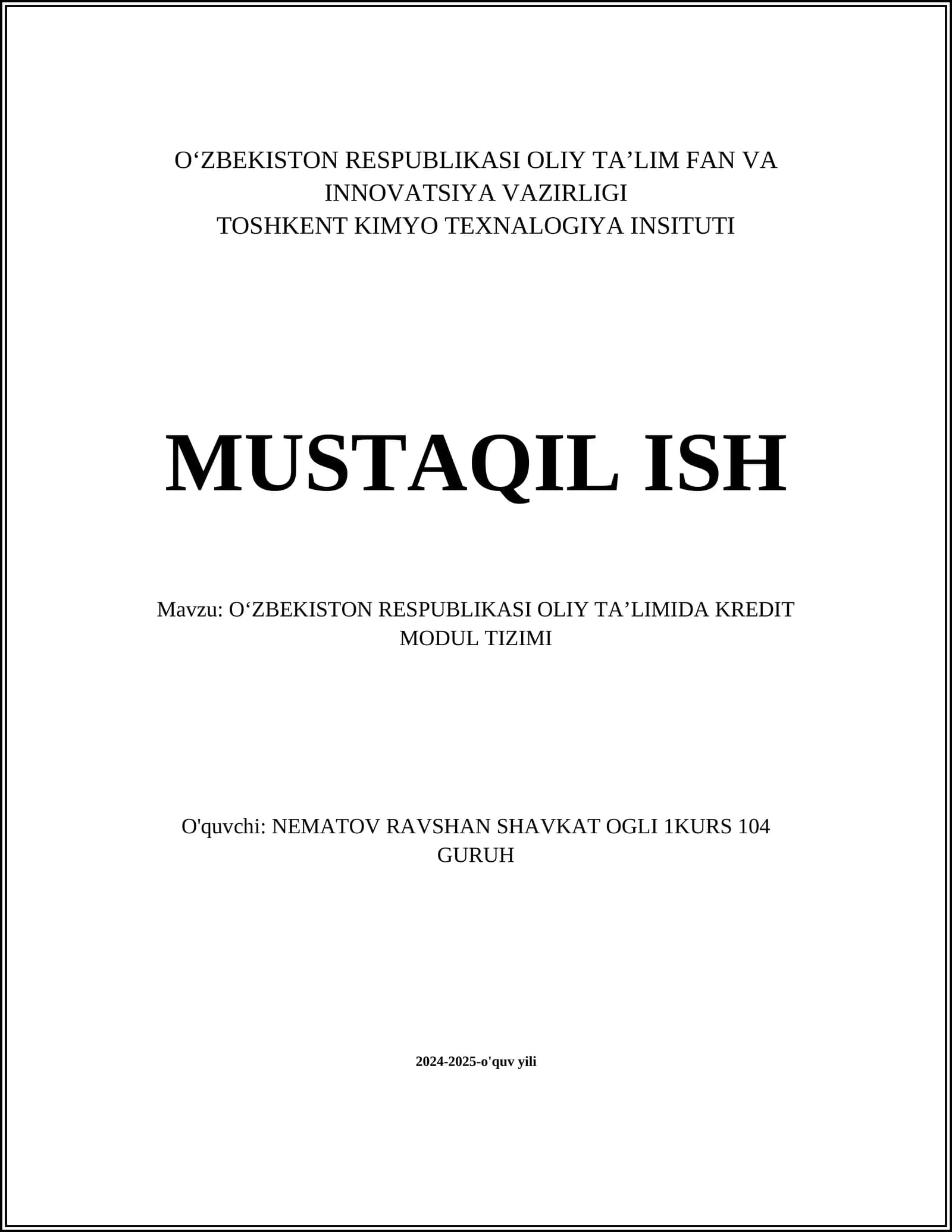 O‘ZBEKISTON RESPUBLIKASI OLIY TA’LIMIDA KREDIT MODUL TIZIMI