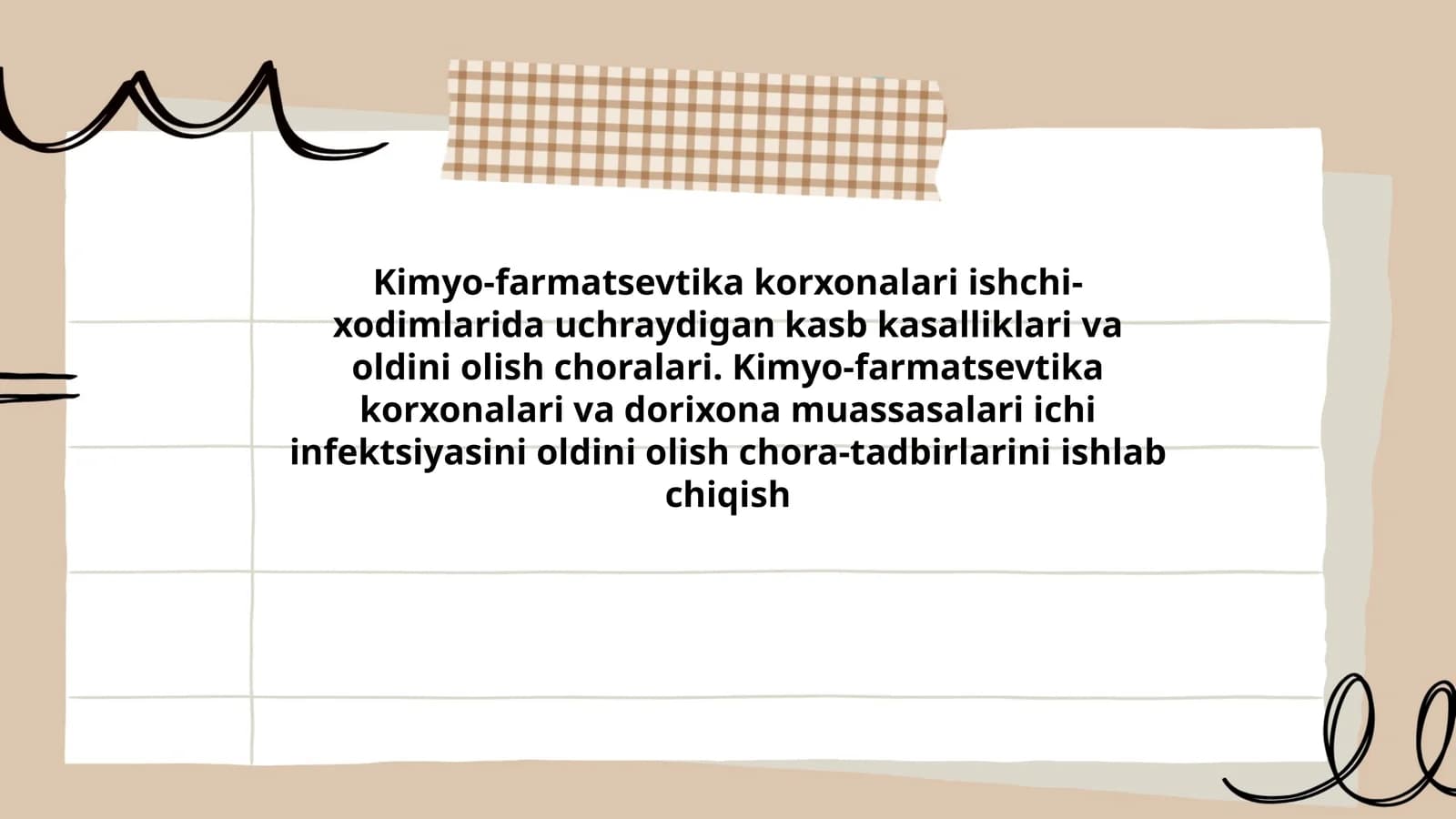 Kimyo-farmatsevtika korxonalari ishchi-xodimlarida uchraydigan kasb kasalliklari va oldini olish choralari. Kimyo-farmatsevtika korxonalari va dorixona muassasalari ichi infektsiyasini oldini olish chora-tadbirlarini ishlab chiqish
