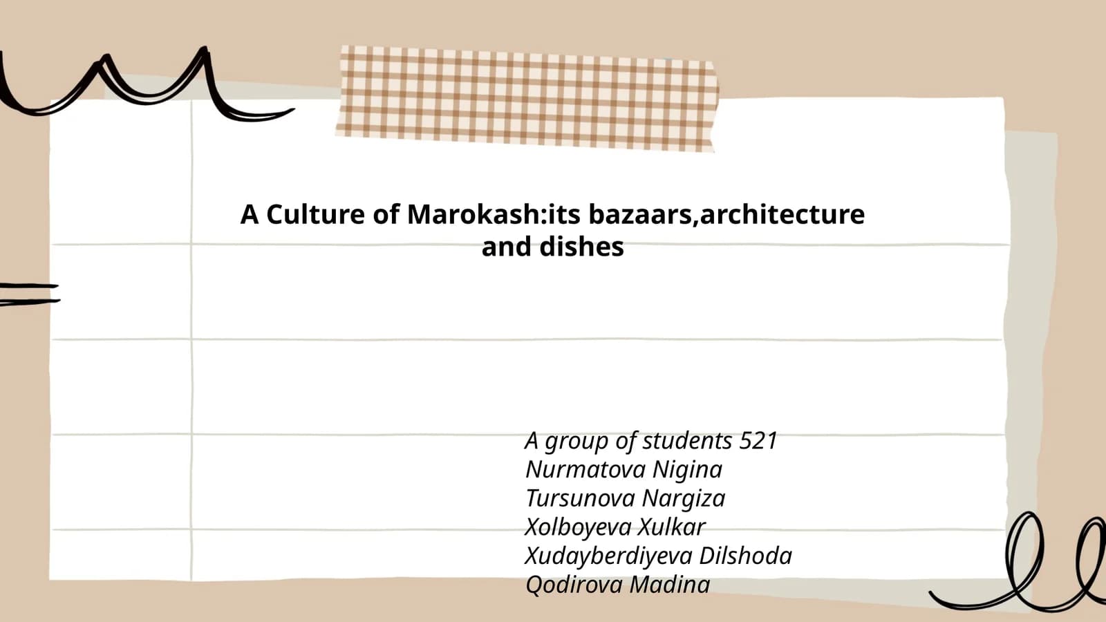 A Culture of Marokash:its bazaars,architecture and dishes