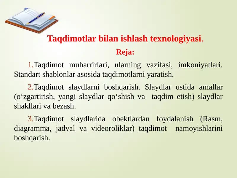 Taqdimotlar bilan ishlash texnologiyasi