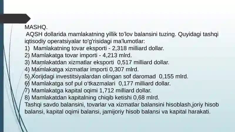 AQSH dollaridagi mamlakatning yillik to'lov balansi