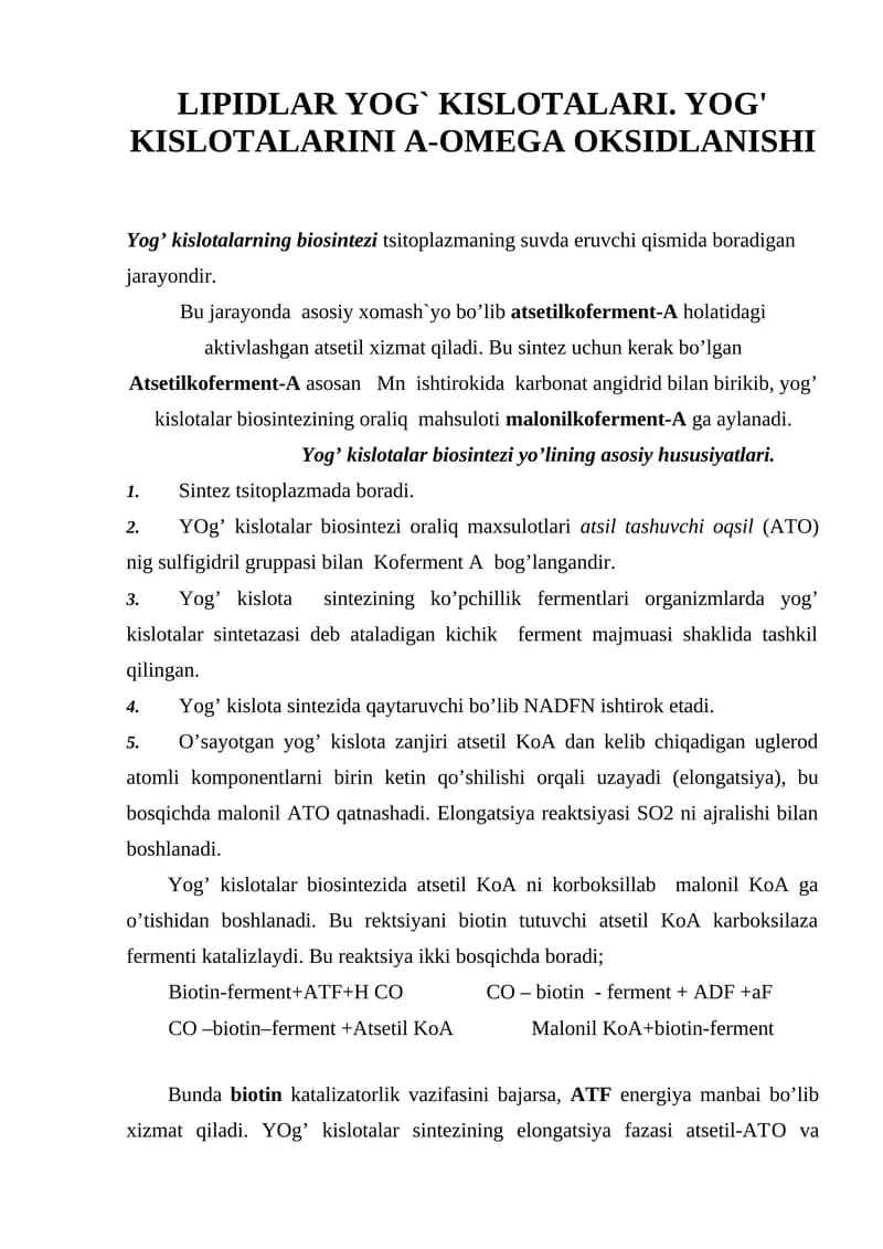 Yog’ kislotalarning biosintezi