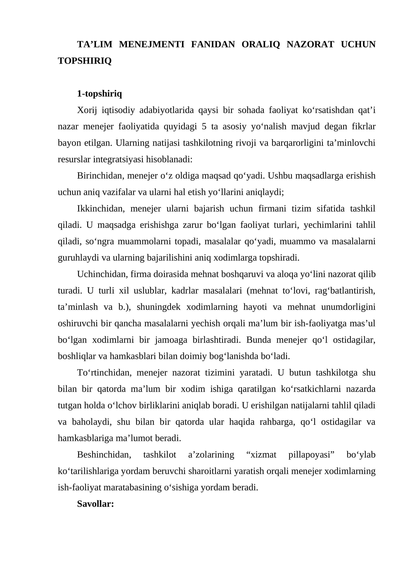 TA’LIM MENEJMENTI FANIDAN ORALIQ NAZORAT UCHUN TOPSHIRIQ