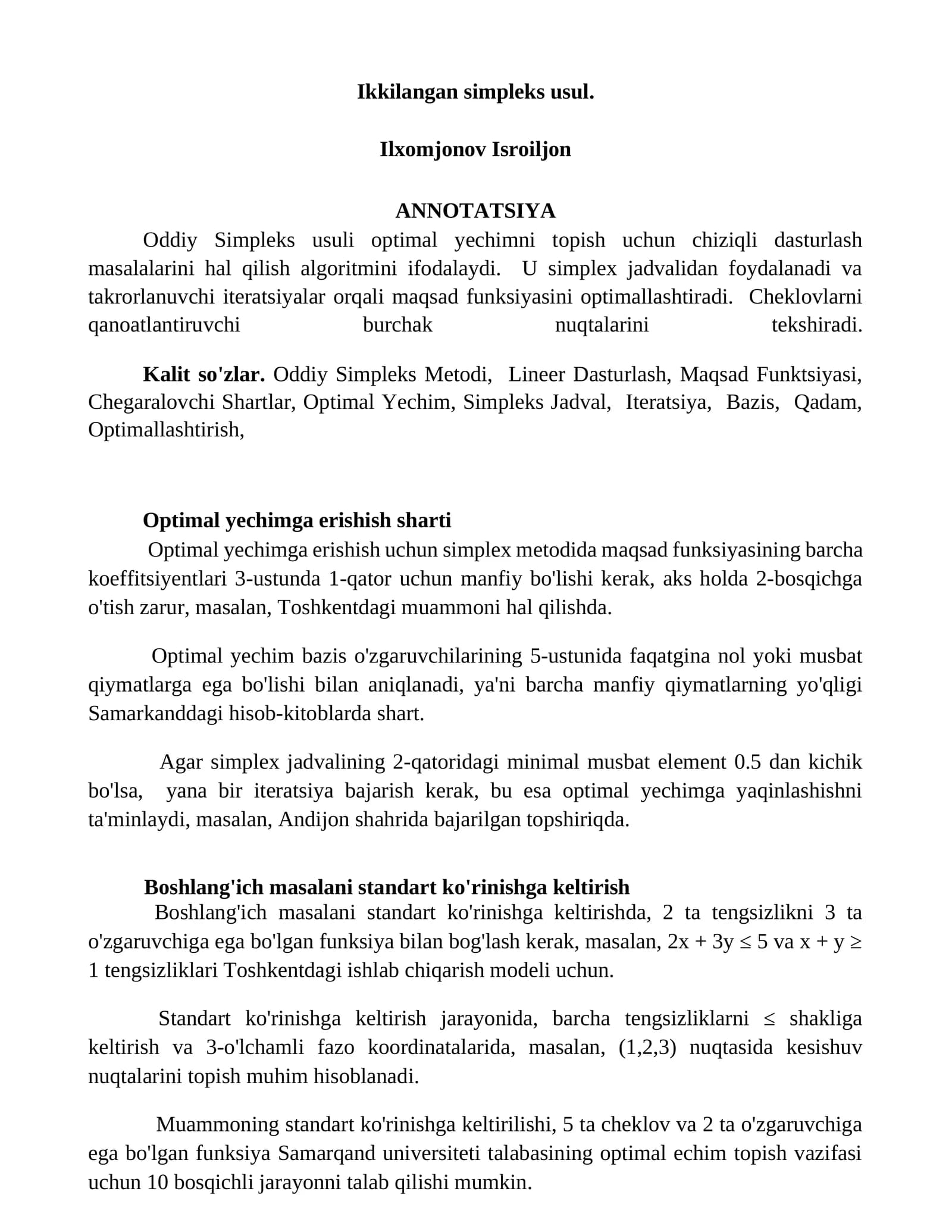 Oddiy Simpleks usuli