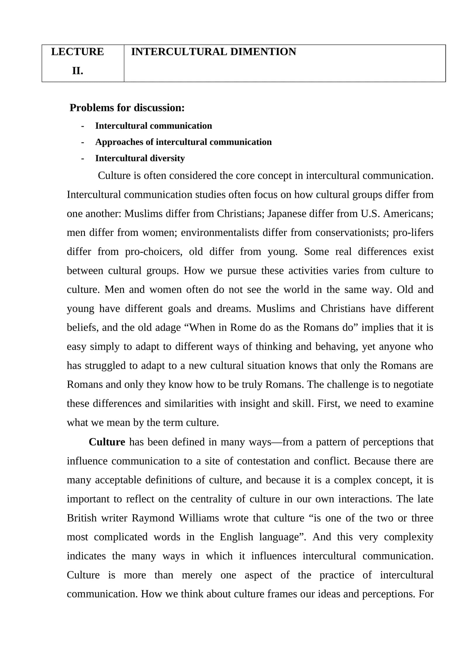 LECTURE II. INTERCULTURAL DIMENTION