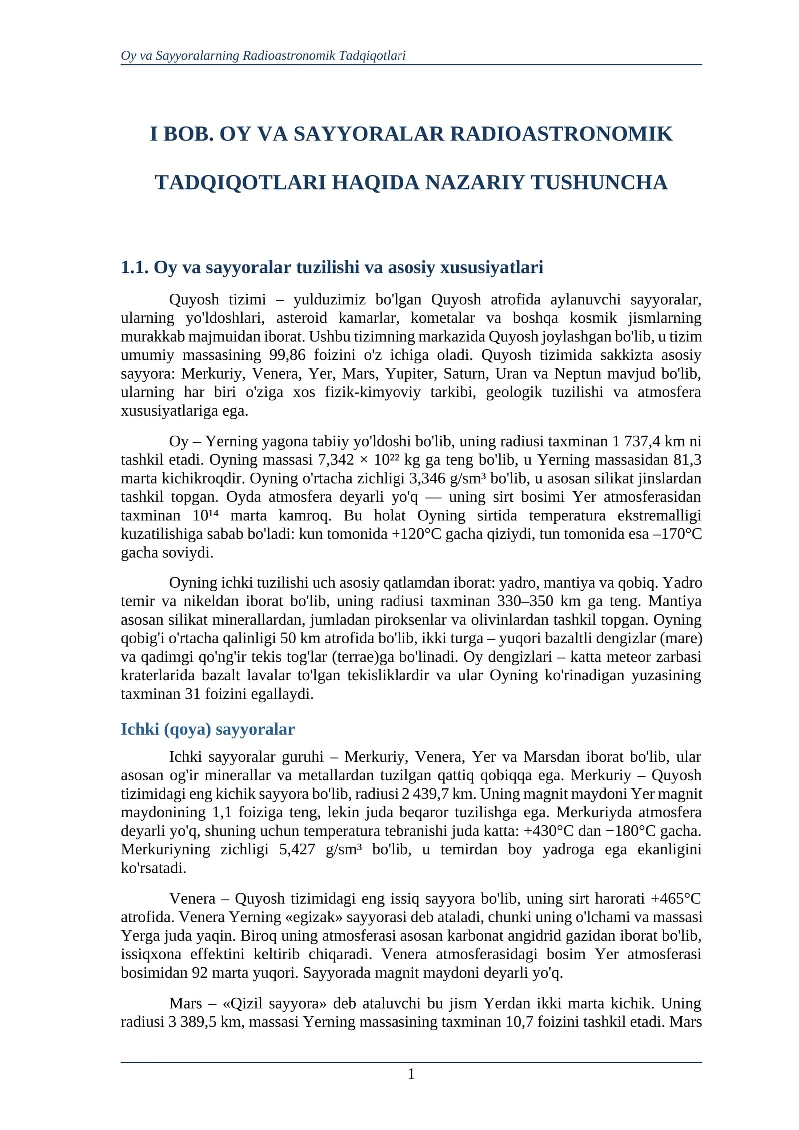 OY VA SAYYORALAR RADIOASTRONOMIK TADQIQOTLARI HAQIDA NAZARIY TUSHUNCHA