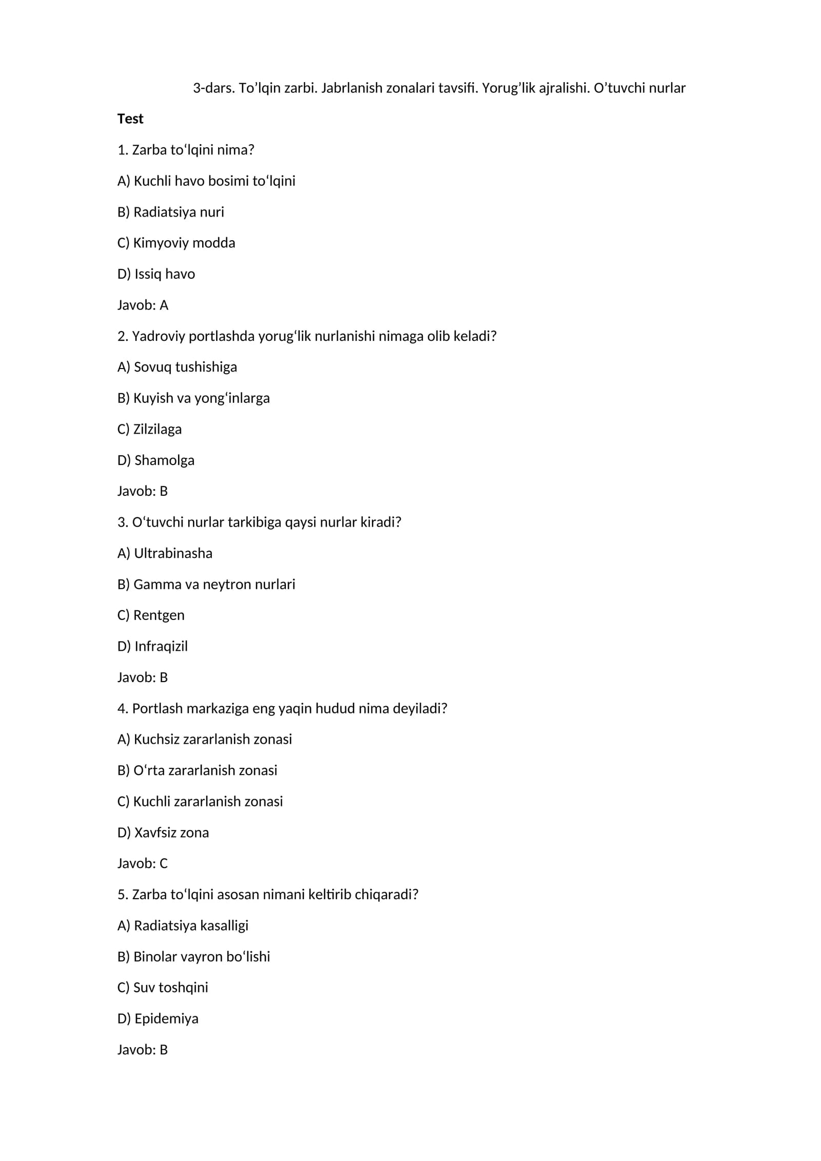 To’lqin zarbi. Jabrlanish zonalari tavsifi. Yorug’lik ajralishi. O’tuvchi nurlar