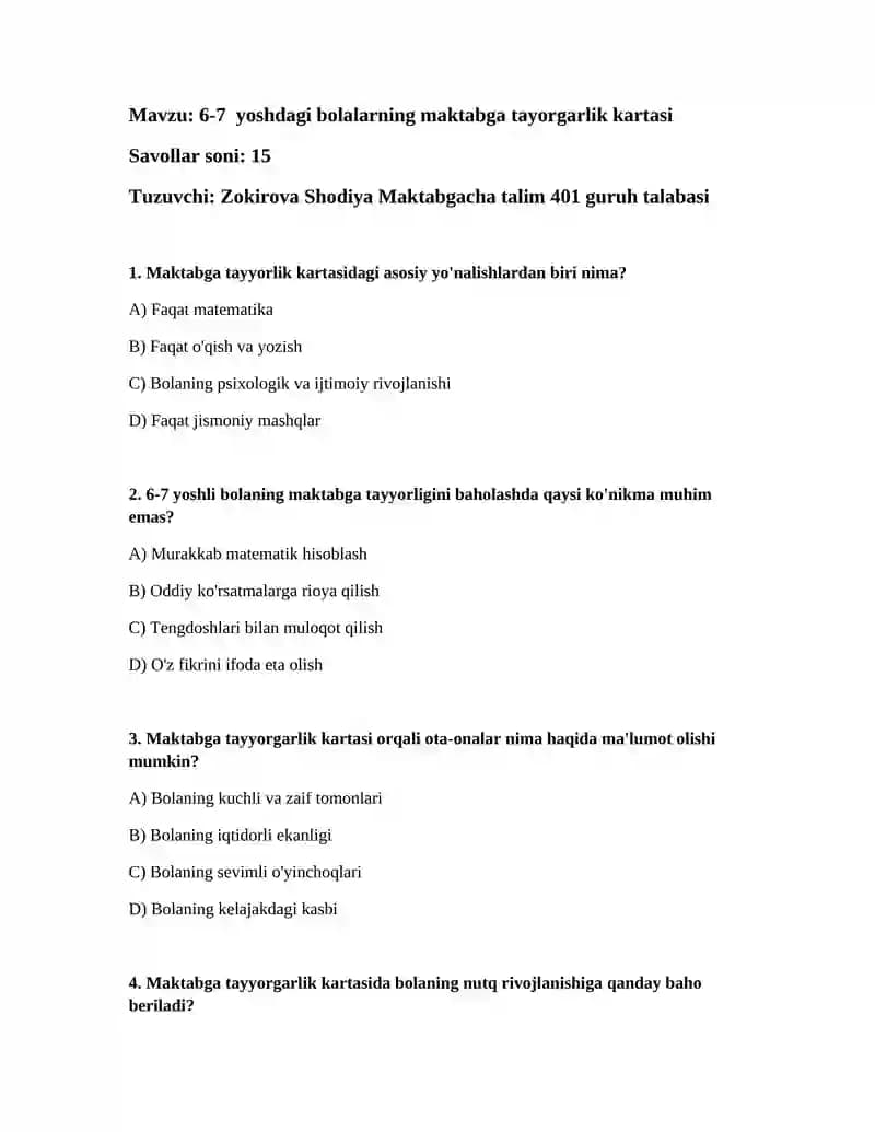 6-7 yoshdagi bolalarning maktabga tayorgarlik kartasi
