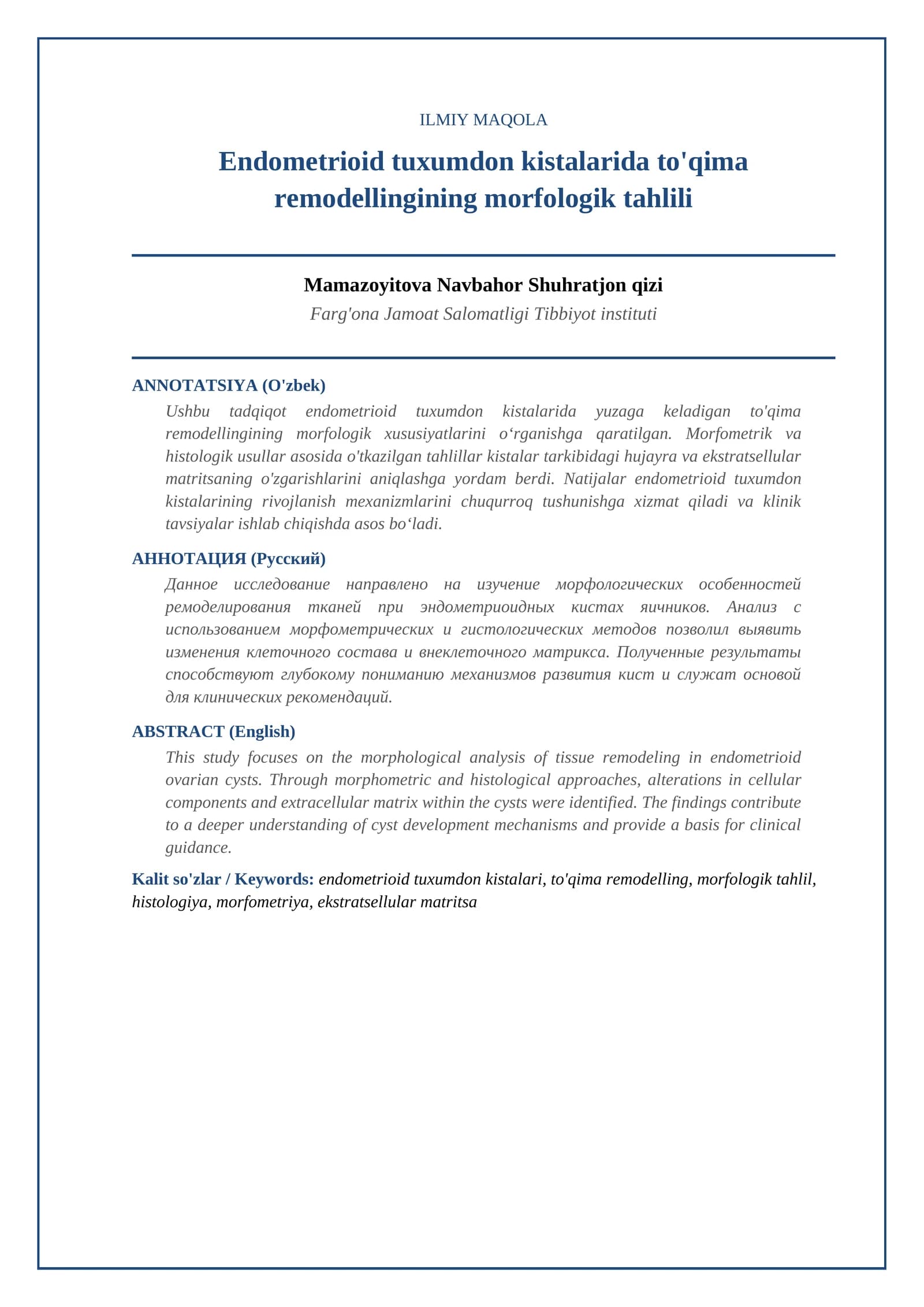 Endometrioid tuxumdon kistalarida to'qima remodellingining morfologik tahlili