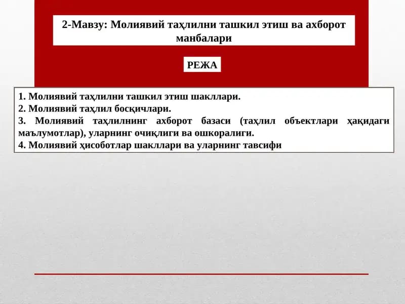 Молиявий таҳлилни ташкил этиш ва ахборот манбалари