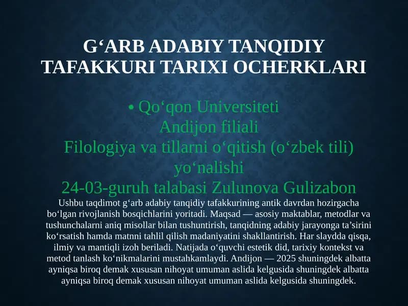 G‘ARBADABIYTANQIDIY TAFAKKURI TARIXIOCHERKLARI