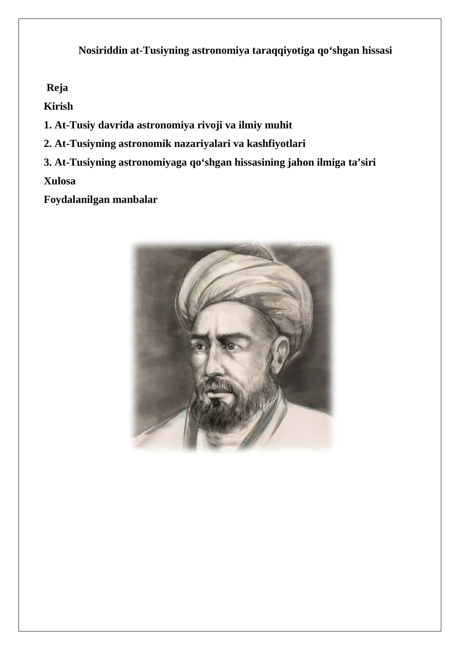 Nosiriddin at-Tusiyning astronomiya taraqqiyotiga qo‘shgan hissasi