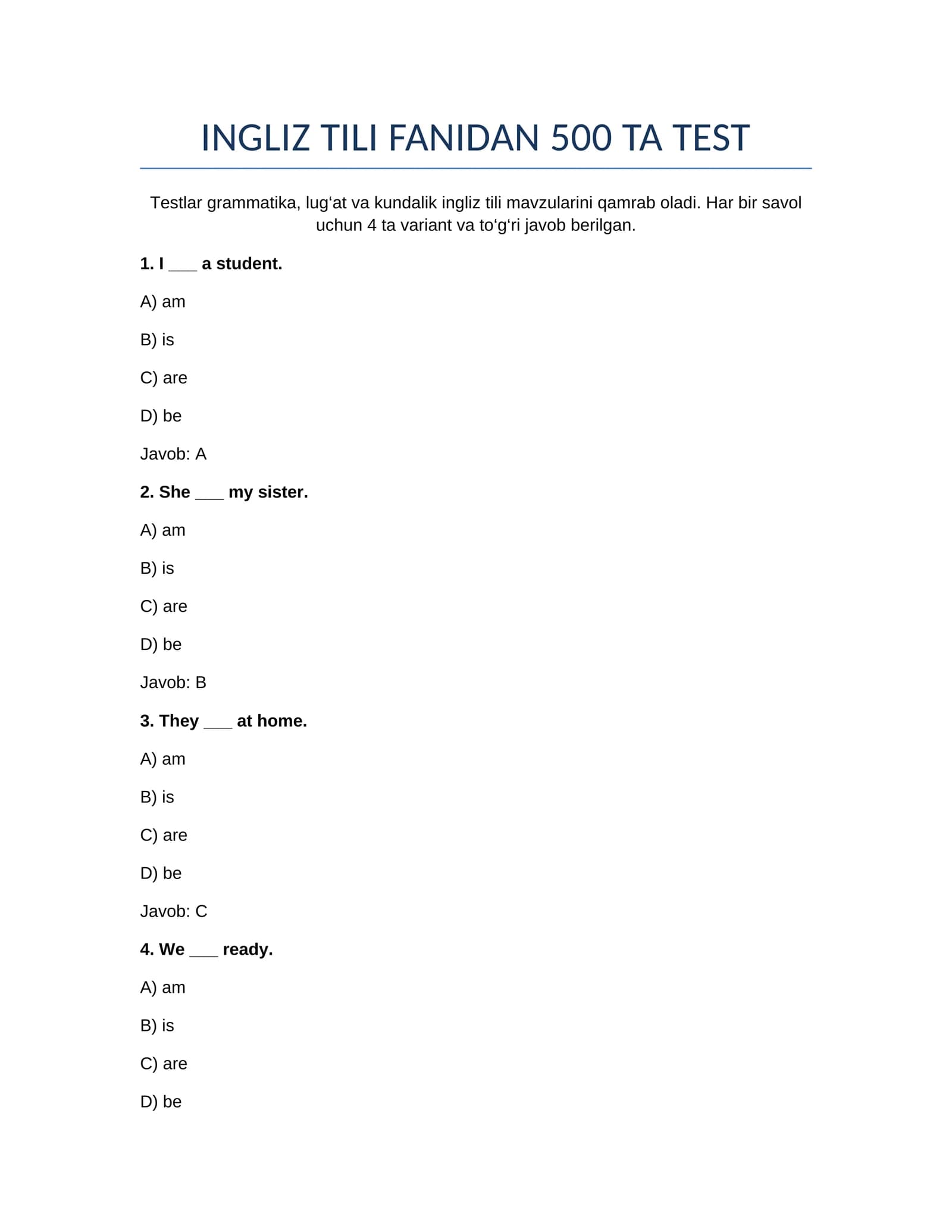 INGLIZ TILI FANIDAN 500 TA TEST