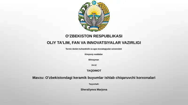 O'zbekistondagi keramik buyumlar ishlab chiqaruvchi korxonalari
