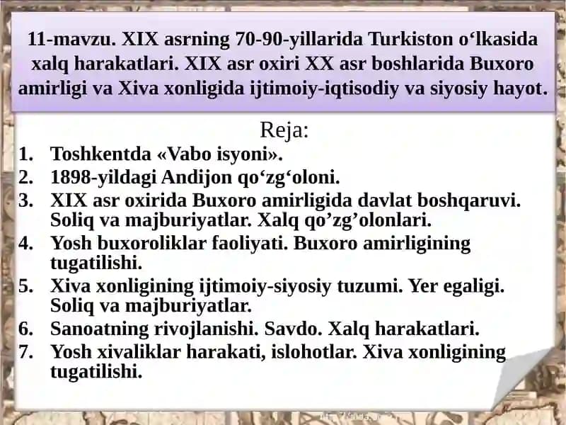 XIX asr Turkistoni O'lkasi Daxalq Harakatlari