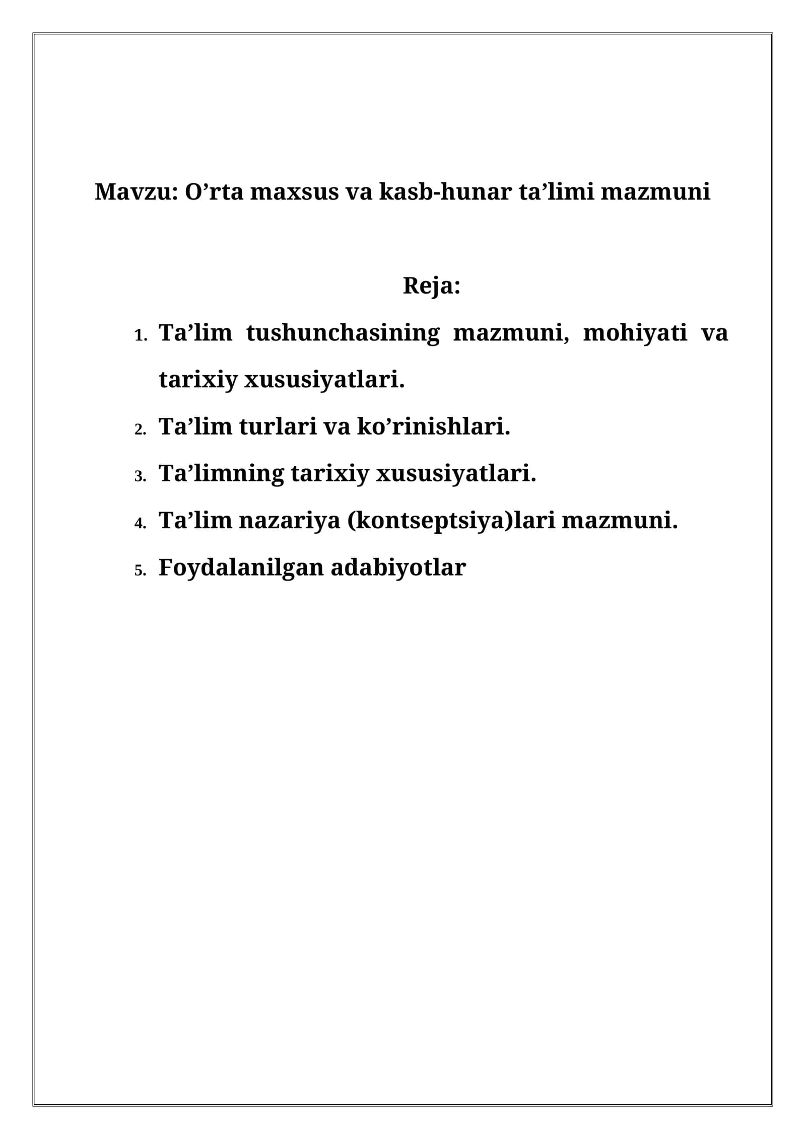 O’rta maxsus va kasb-hunar ta’limi mazmuni