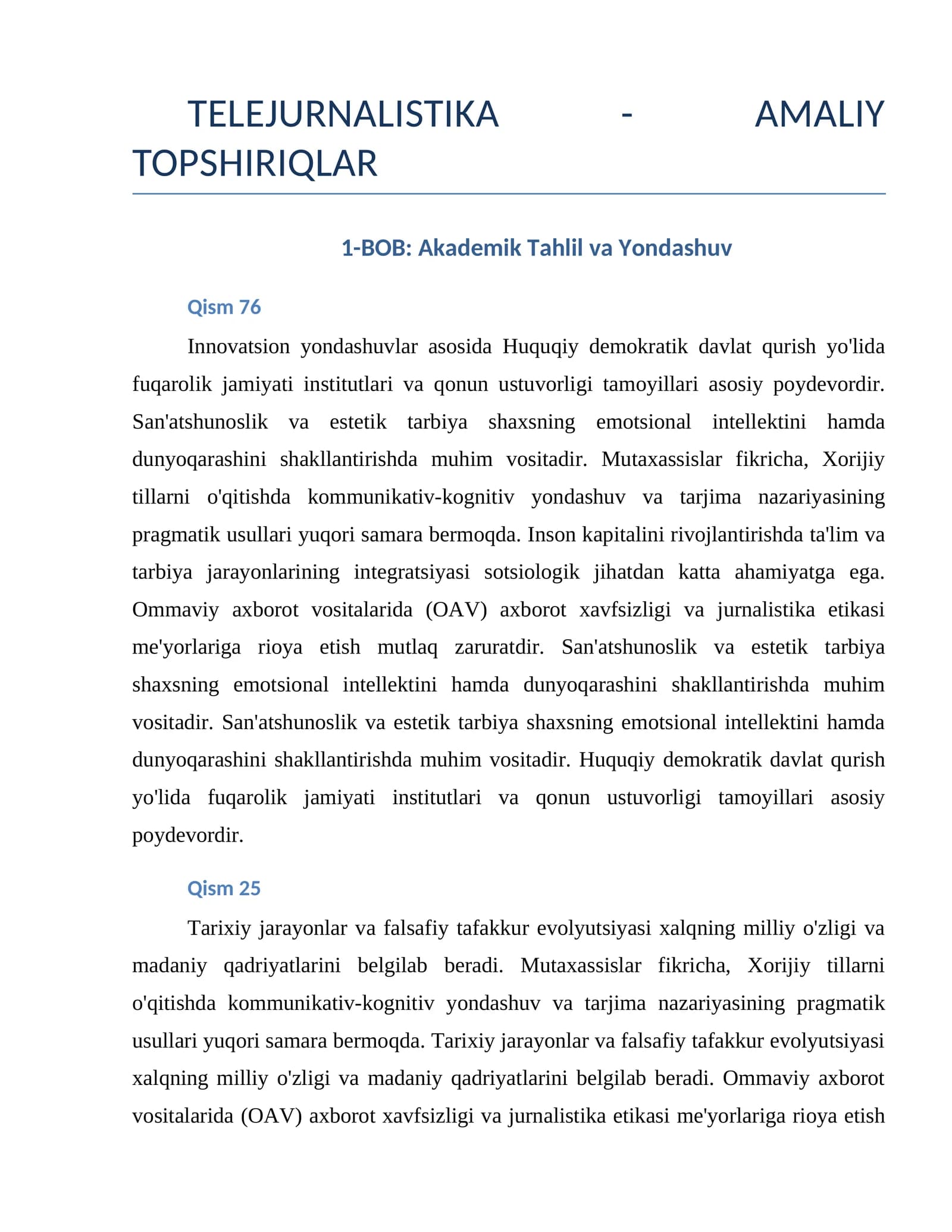 TELEJURNALISTIKA - AMALIY TOPSHIRIQLAR