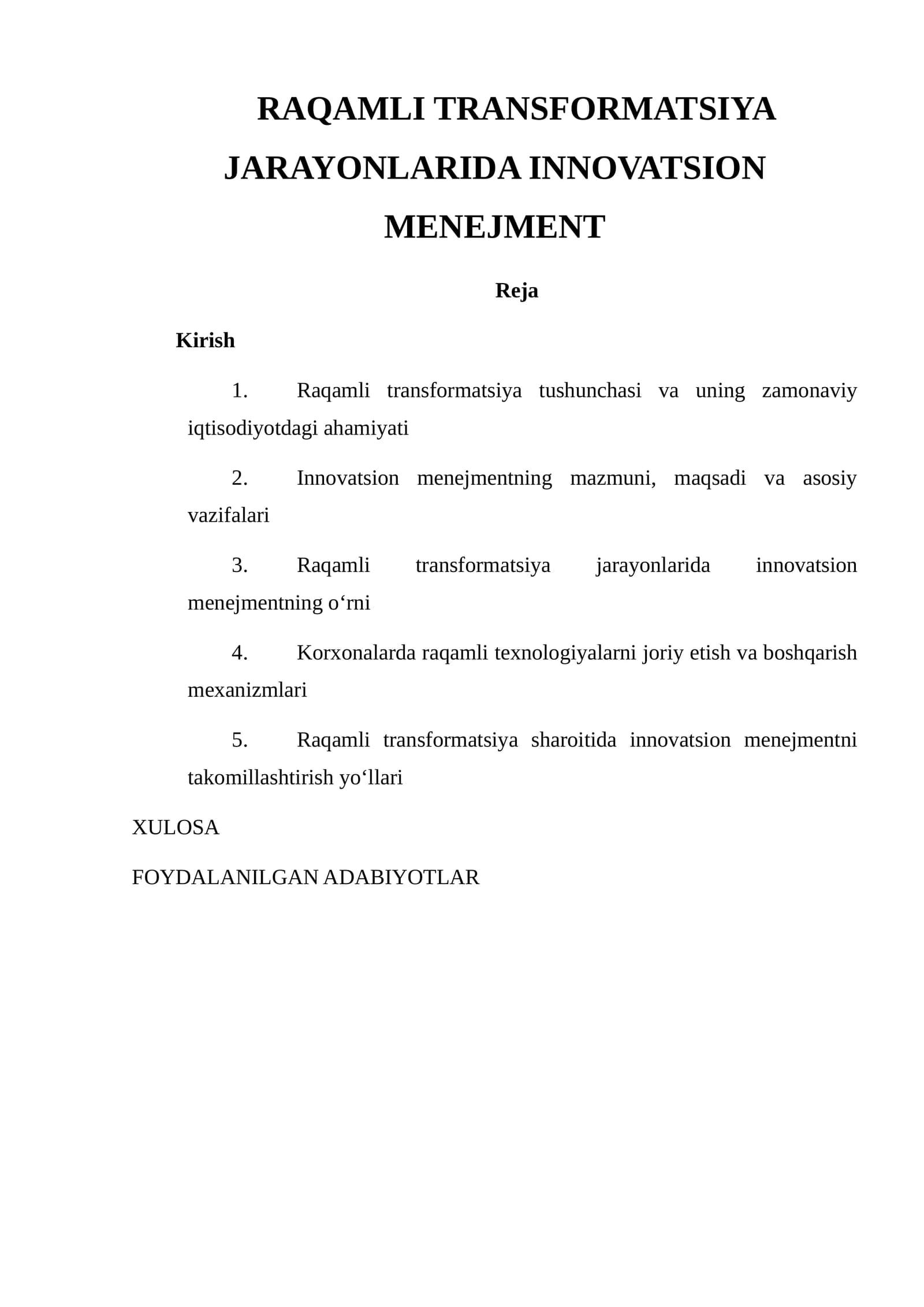 RAQAMLI TRANSFORMATSIYA JARAYONLARIDA INNOVATSION MENEJMENT