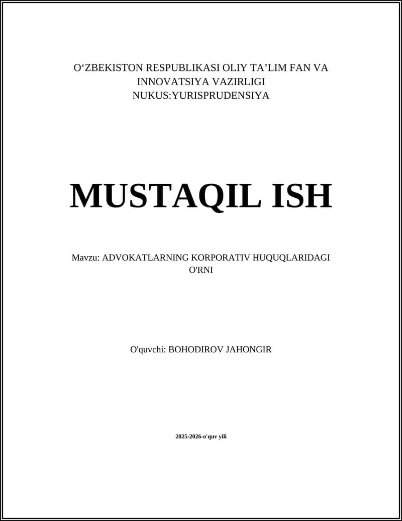 ADVOKATLARNING KORPORATIV HUQUQLARIDAGI O'RNI