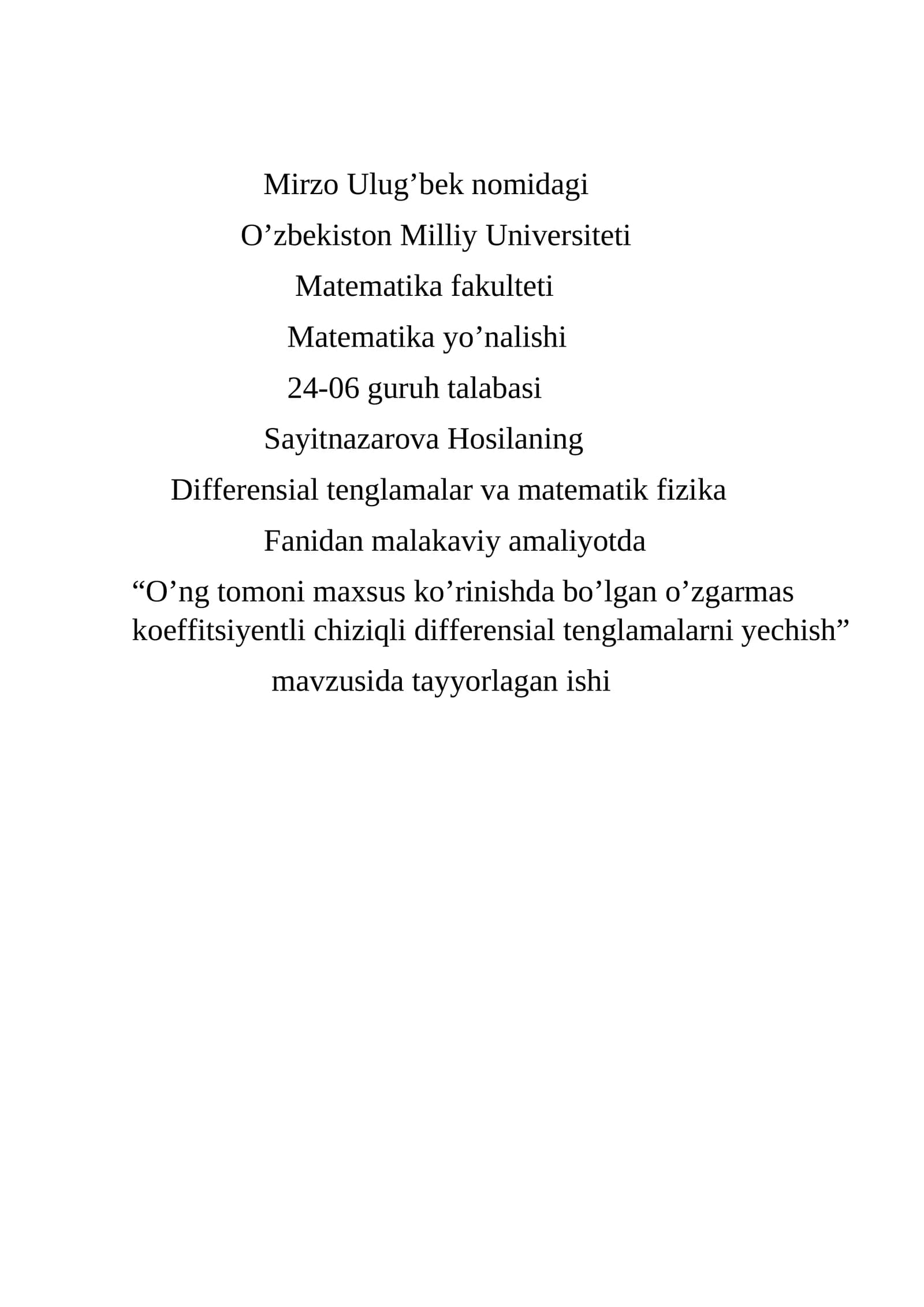 Differensial Tenglamalar va Matematik Fizika