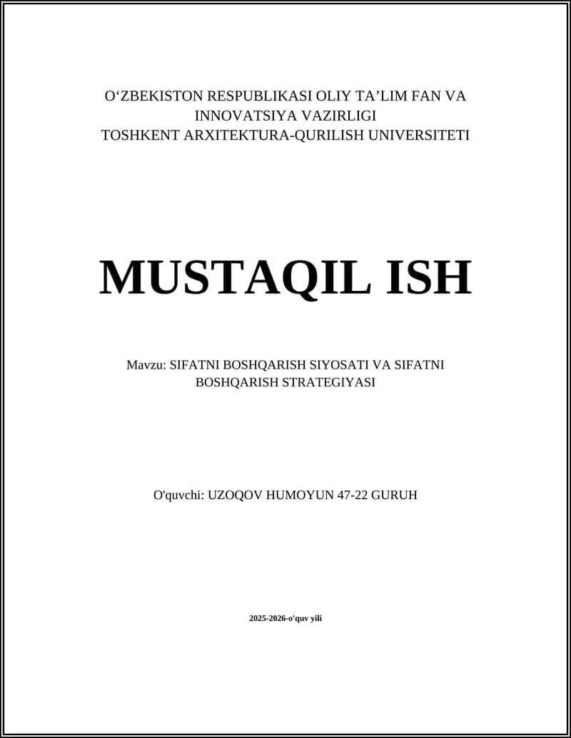 SIFATNI BOSHQARISH SIYOSATI VA SIFATNI BOSHQARISH STRATEGIYASI