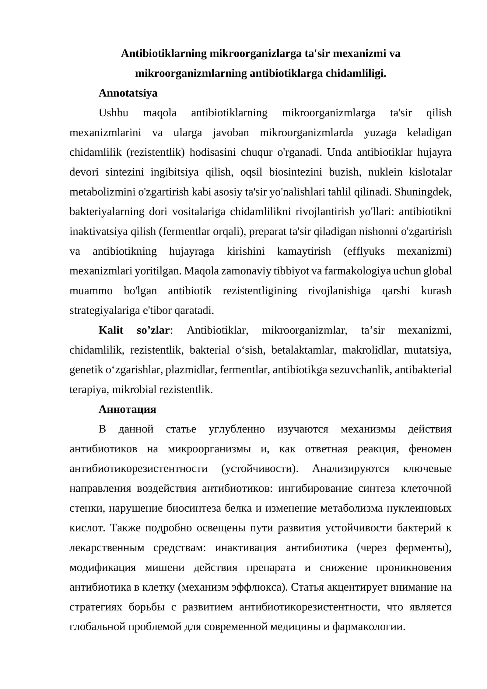 Antibiotiklarning mikroorganizlarga ta'sir mexanizmi
