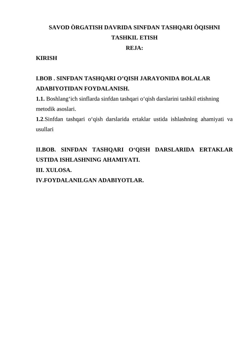 SAVOD ÒRGATISH DAVRIDA SINFDAN TASHQARI ÒQISHNI TASHKIL ETISH