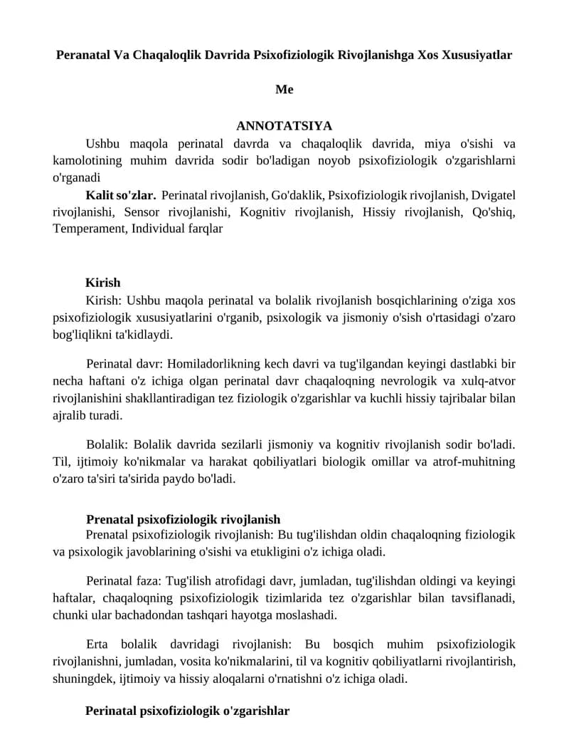 Peranatal Va Chaqaloqlik Davrida Psixofiziologik Rivojlanishga Xos Xususiyatlar