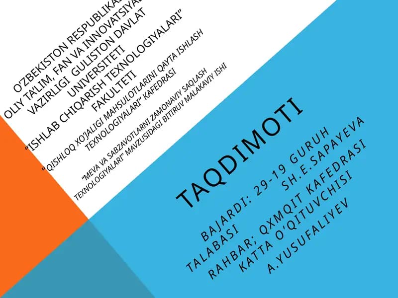 Meva va sabzavotlarni zamonaviy saqlash texnologiyalari