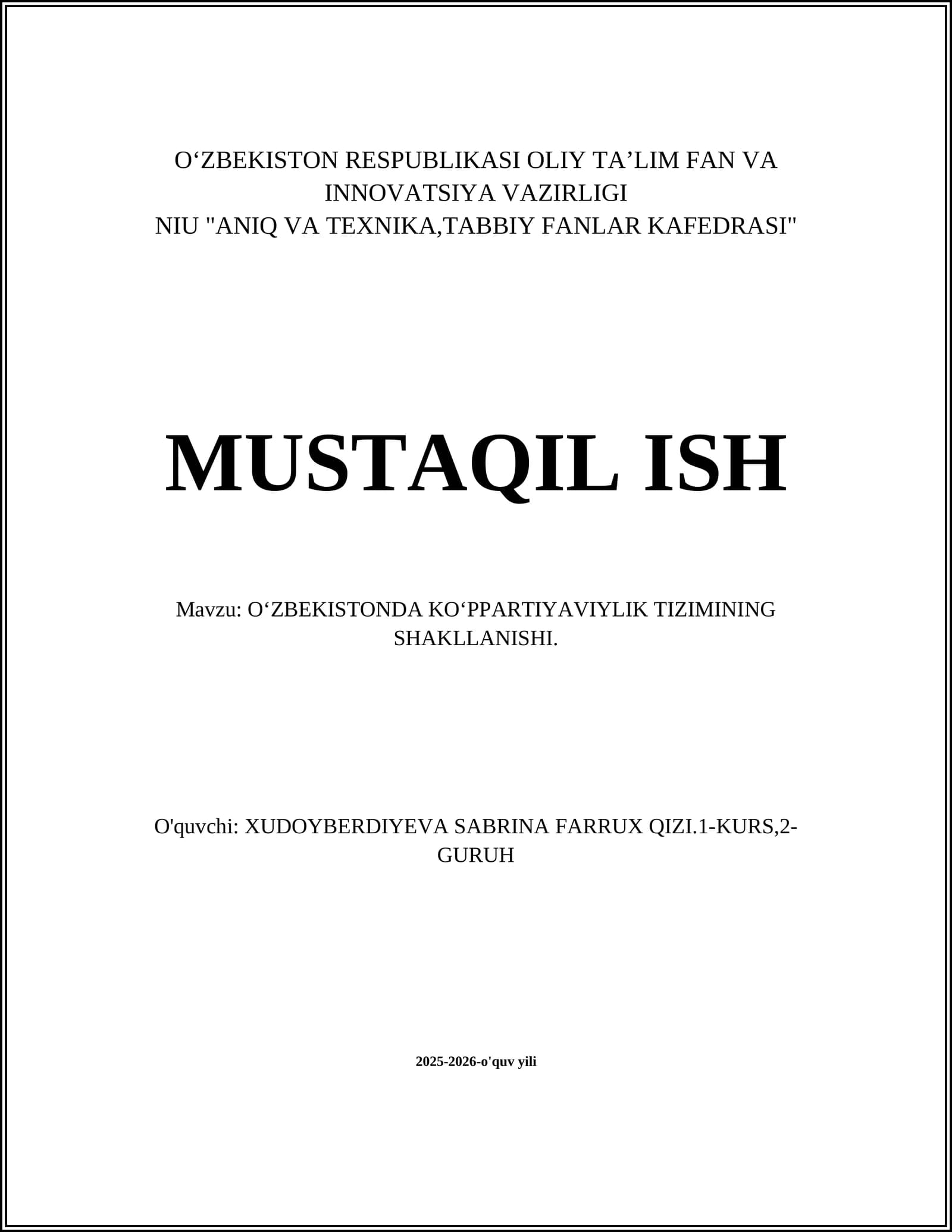OʻZBEKISTONDA KOʻPPARTIYAVIYLIK TIZIMINING SHAKLLANISHI