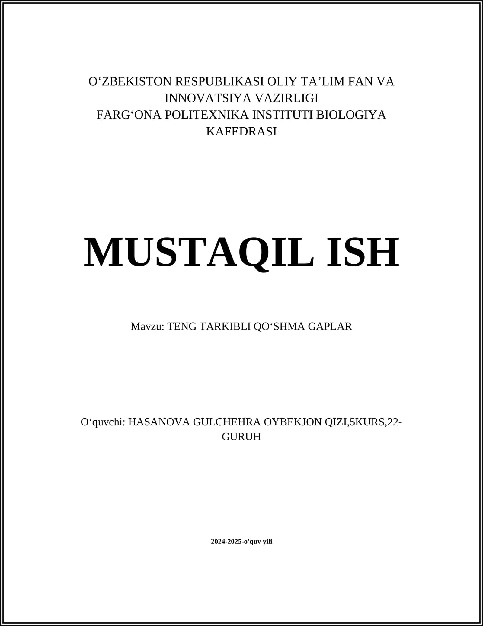 TENG TARKIBLI QO‘SHMA GAPLAR
