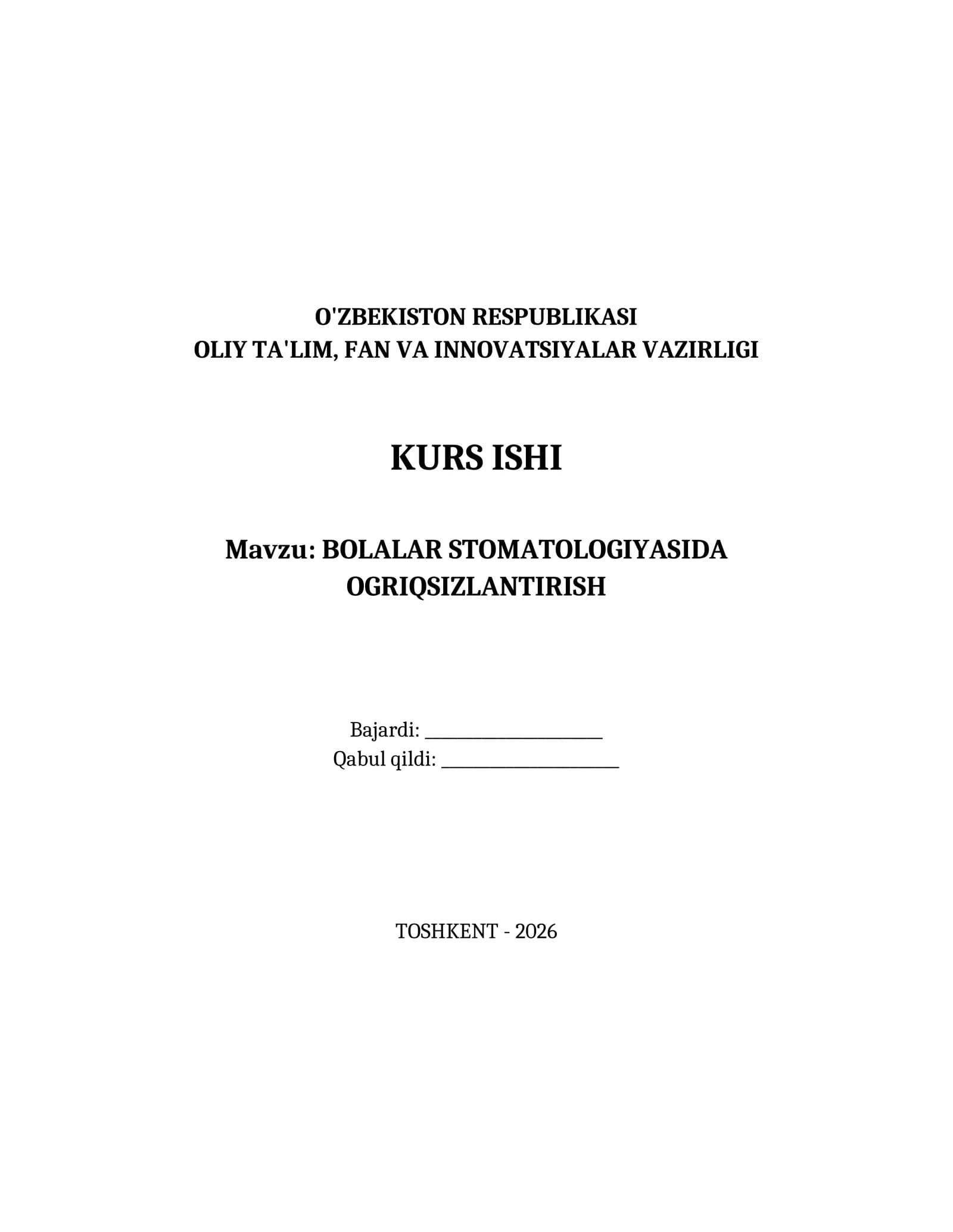 BOLALAR STOMATOLOGIYASIDA OGRIQSIZLANTIRISH