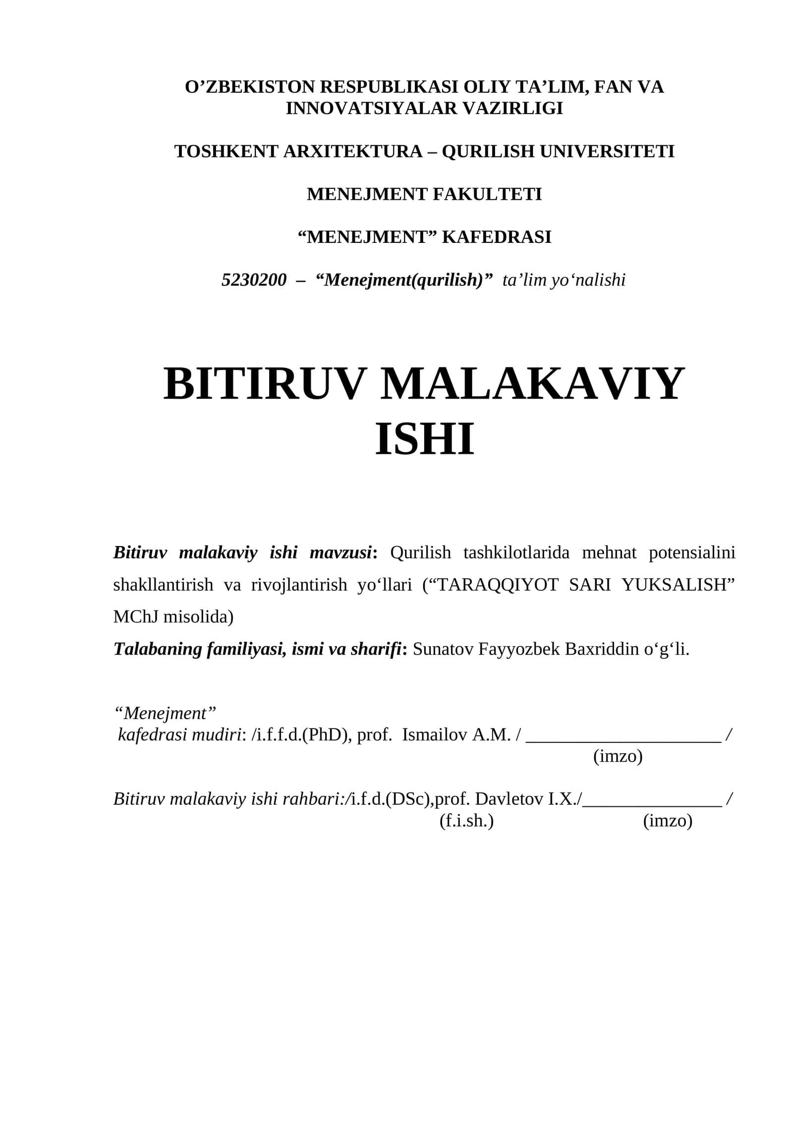 Qurilish tashkilotlarida mehnat potensialini shakllantirish va rivojlantirish yo‘llari