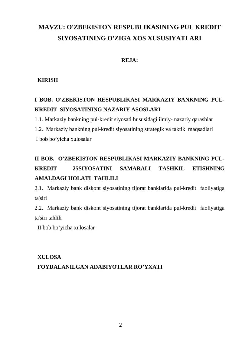 O'ZBEKISTON RESPUBLIKASINING PUL KREDIT SIYOSATINING O'ZIGA XOS XUSUSIYATLARI