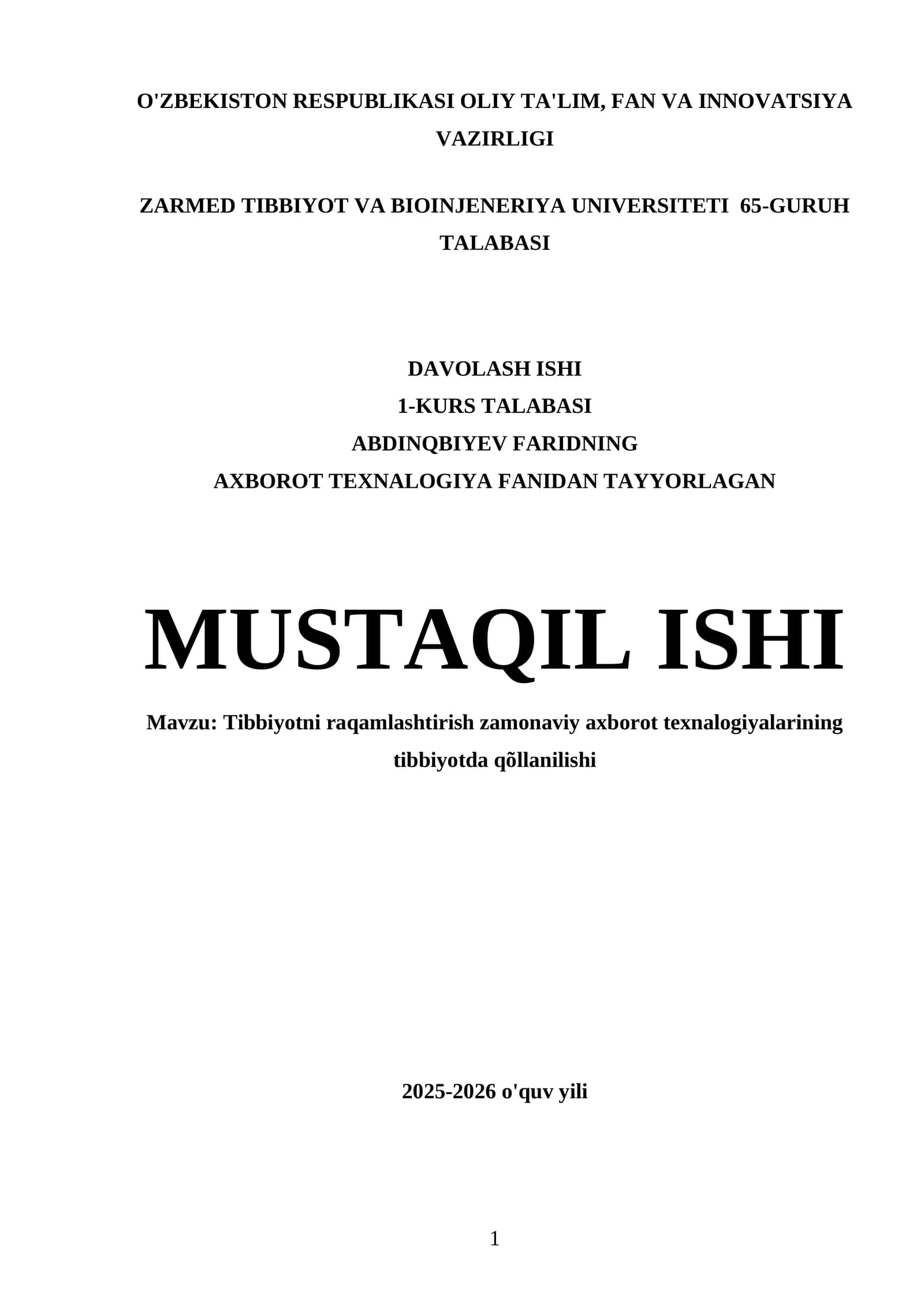 ZARMED Tibbiyot va Bioinjeneriya Universiteti 65-guruh Talabasi Davolash Ishi
