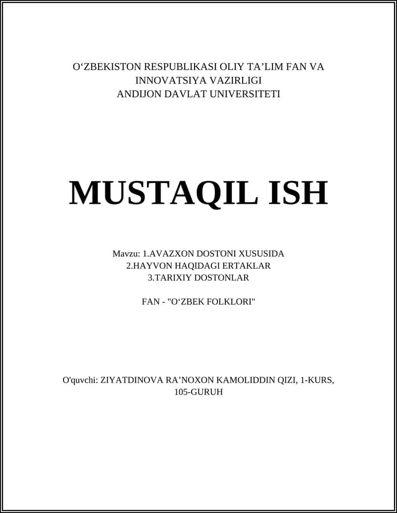 AVAZXON DOSTONI XUSUSIDA