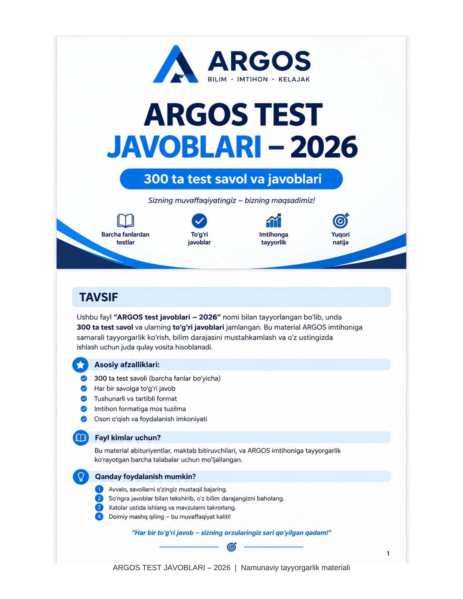 ARGOS TEST JAVOBLARI — 2026 | 300 ta test savoli va javoblari