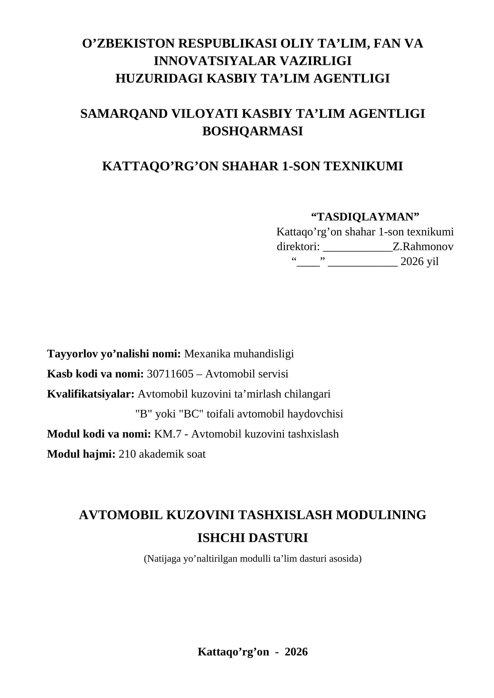 (Modul)Avtomobil kuzovini tashxislash Ishchi dastur