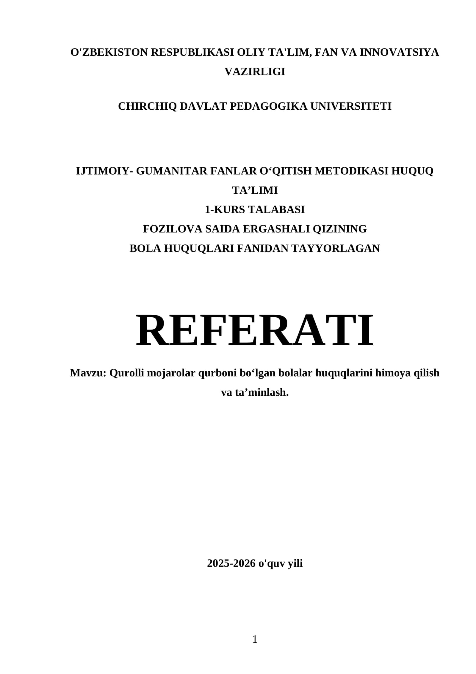 BOLA HUQUQLARI FANIDAN TAYYORLAGAN REFERATI