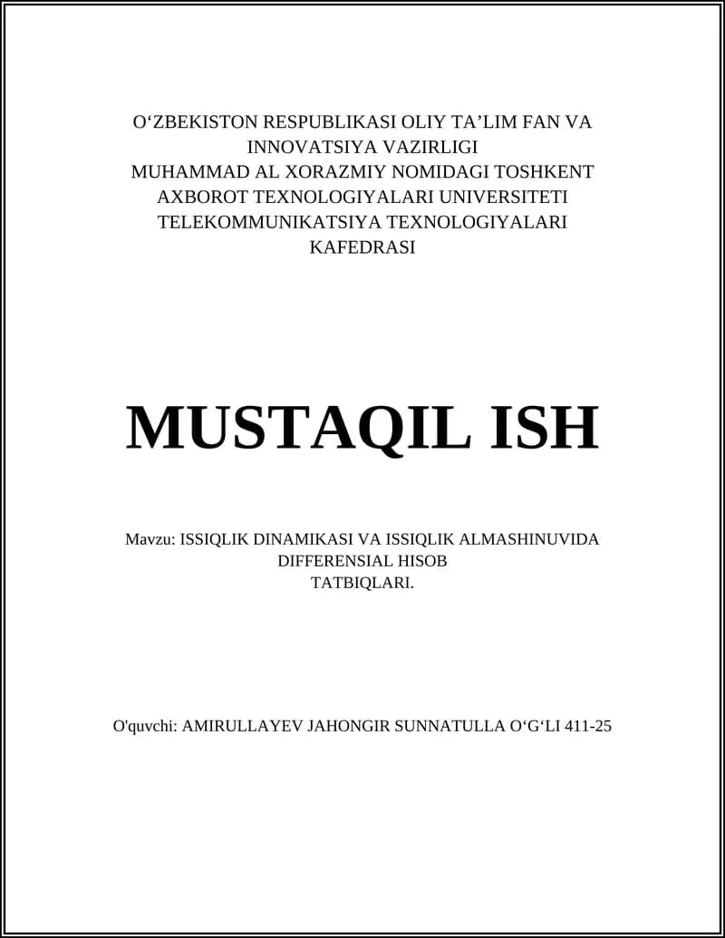 ISSIQLIK DINAMIKASI VA ISSIQLIK ALMASHINUVIDA DIFFERENSIAL HISOB TATBIQLARI