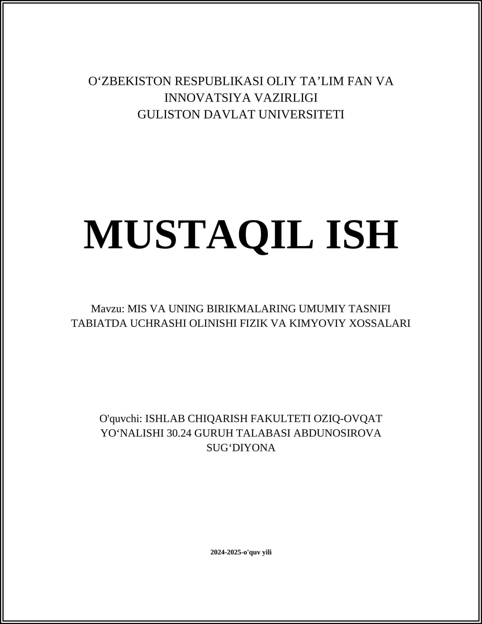 MIS VA UNING BIRIKMALARING UMUMIY TASNIFI TABIATDA UCHRASHI OLINISHI FIZIK VA KIMYOVIY XOSSALARI