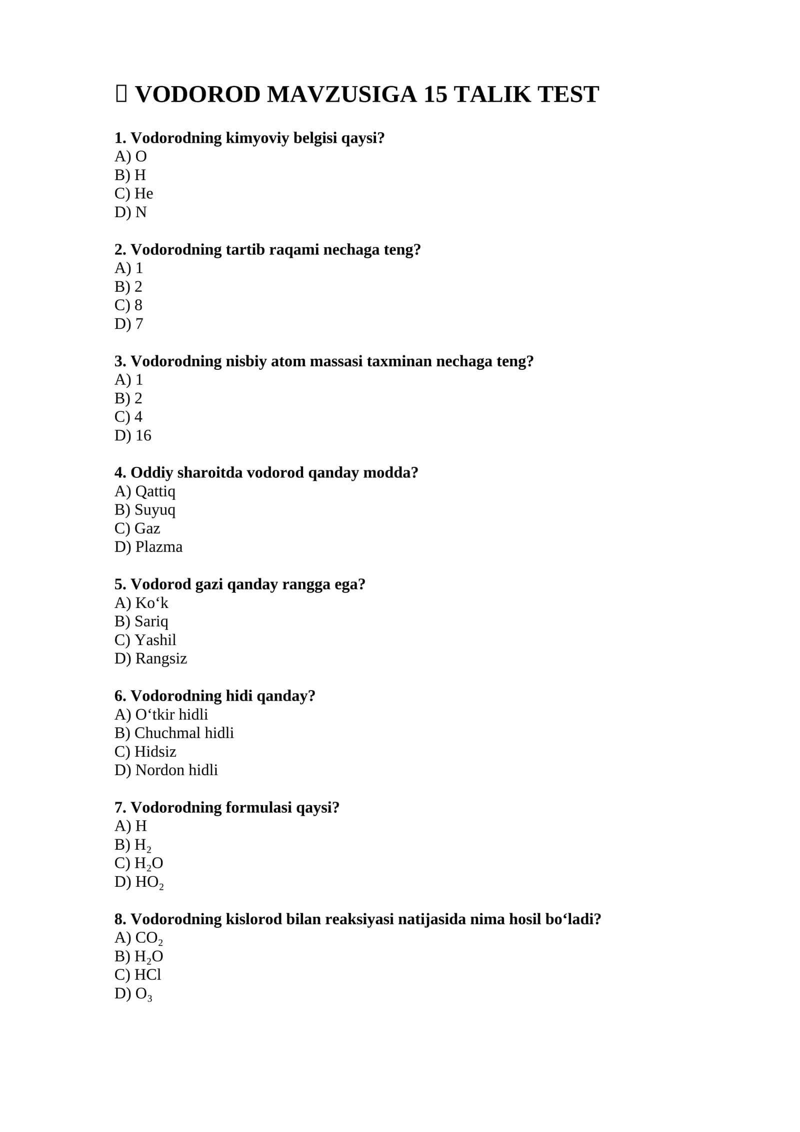 Vodorod mavzusiga 15 talik test
