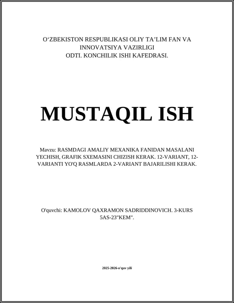 Rasmdagi Amaliy Mexanika Fanidan Masalani Yechish