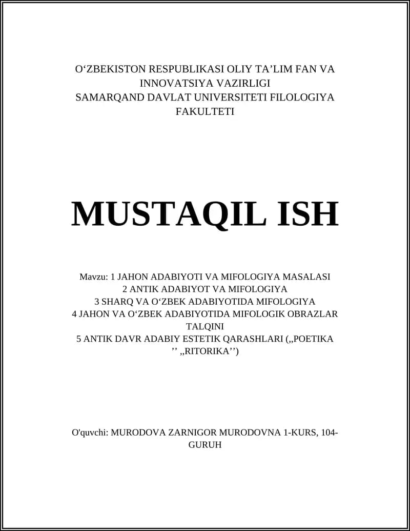 JAHON ADABIYOTI VA MIFOLOGIYA MASALASI