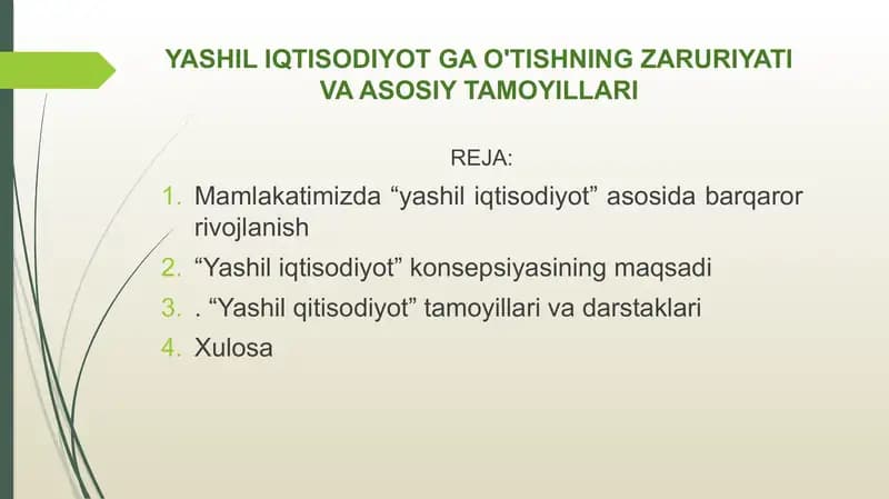 YASHIL IQTISODIYOT GA O'TISHNING ZARURIYATI VA ASOSIY TAMOYILLARI