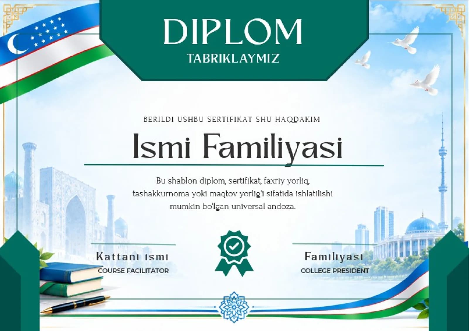 Shablon diplom, sertifikat, faxriy yorliq, tashakkurnoma yoki maqtov yorlig'i