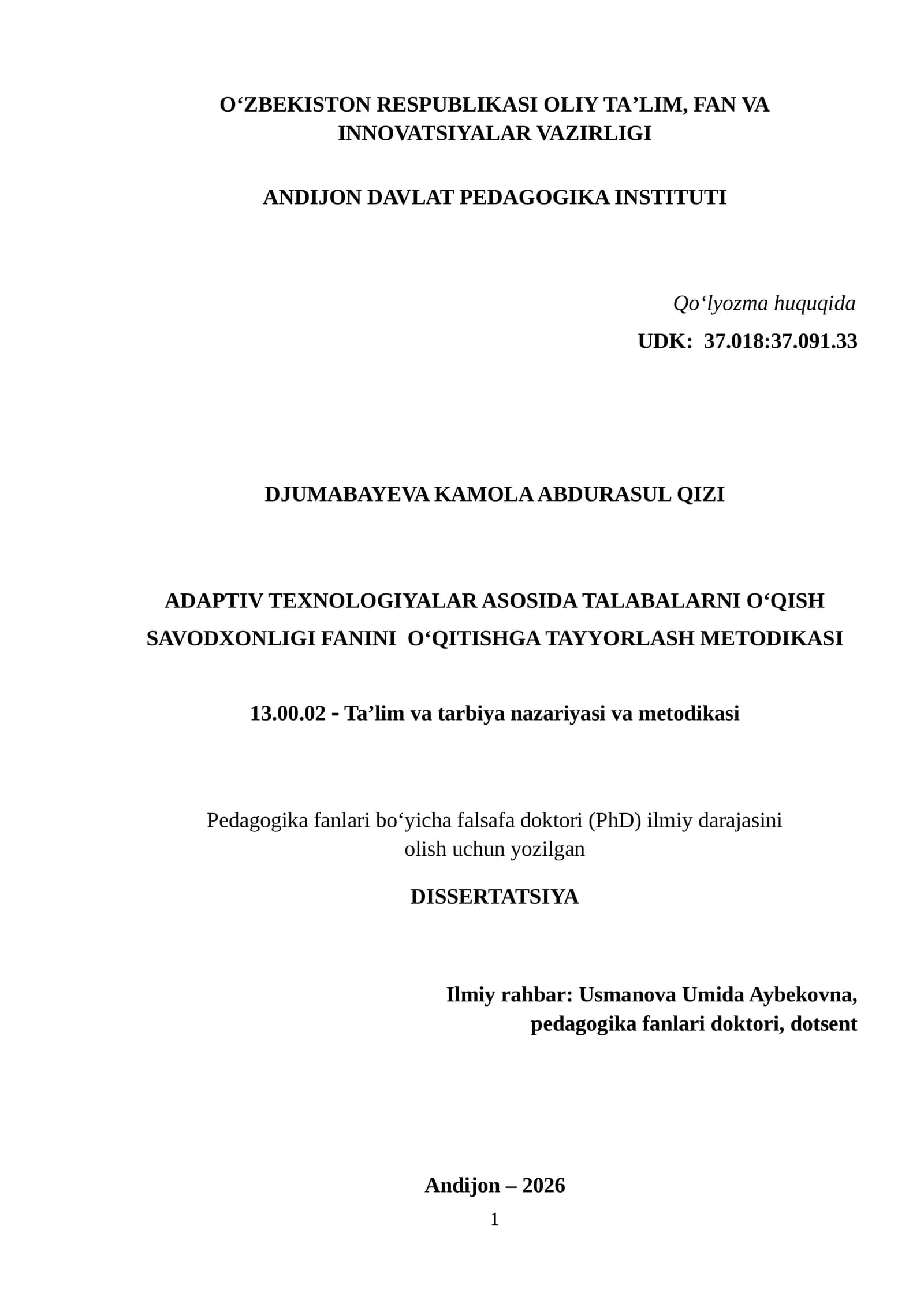 ADAPTIV TEXNOLOGIYALAR ASOSIDA TALABALARNI O‘QISH SAVODXONLIGI FANINI O‘QITISHGA TAYYORLASH METODIKASI