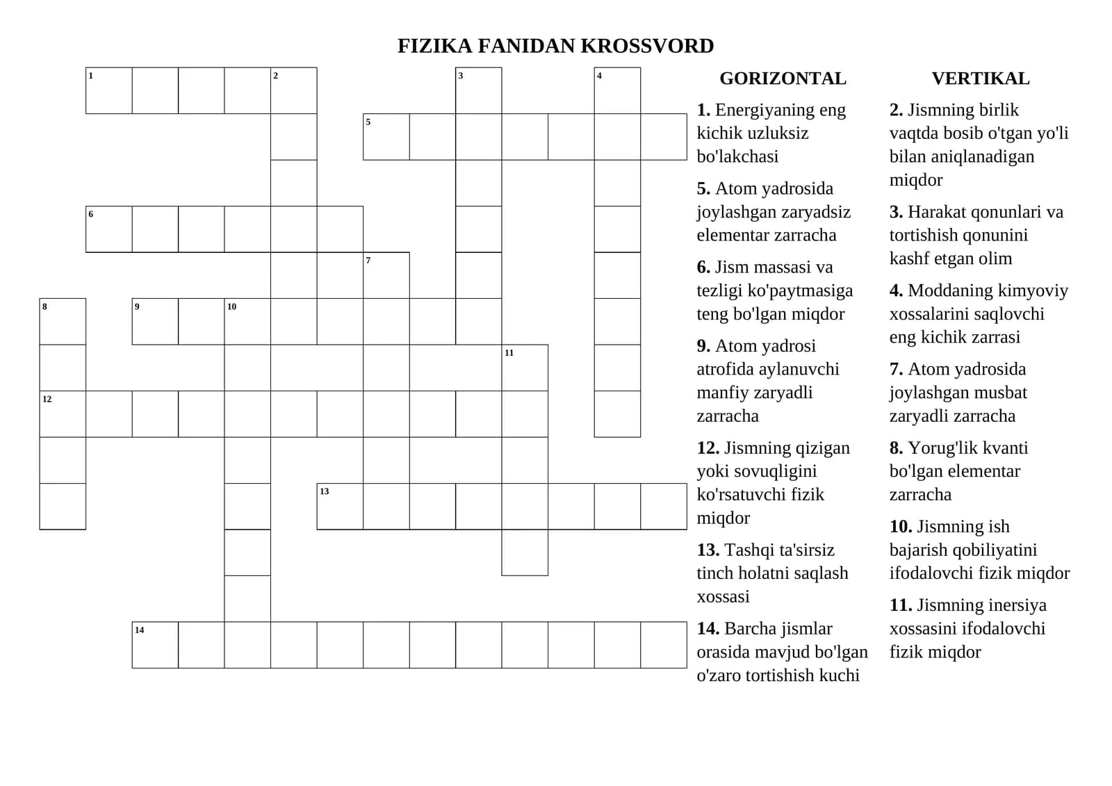 FIZIKA FANIDAN KROSSVORD