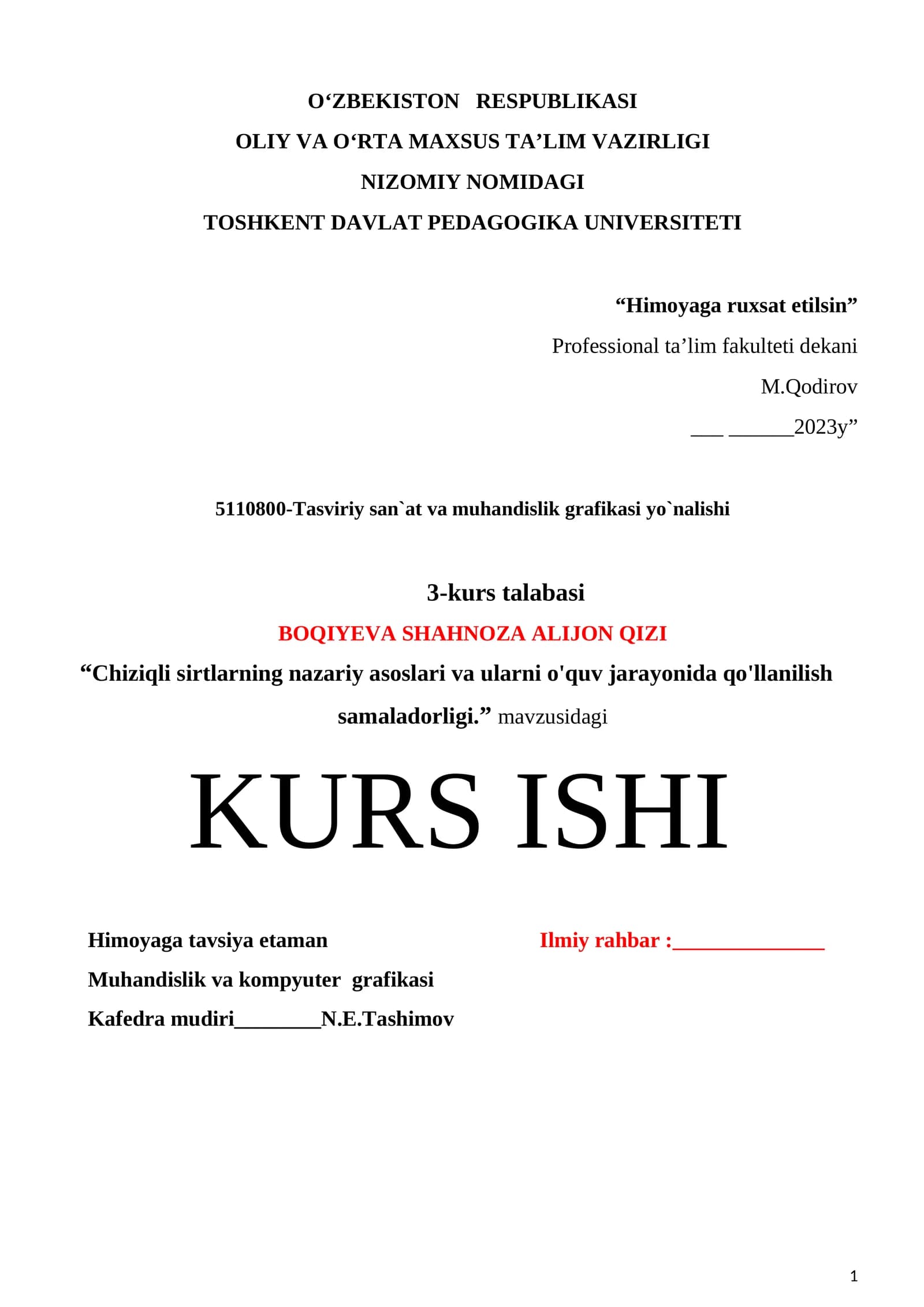 TASVIRIY SAN`AT VA MUHANDISLIK GRAFIKASI YO'NALISHI